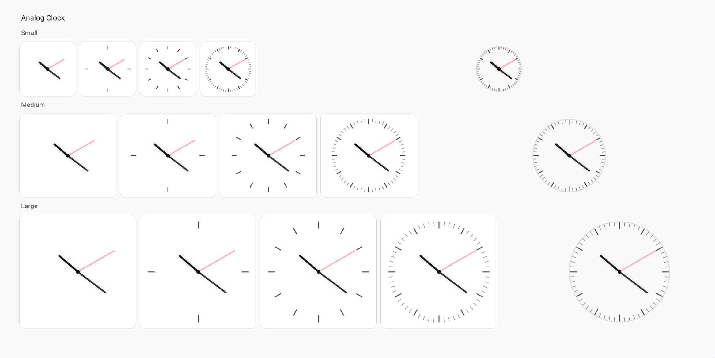 Screenshot showing multiple analog clocks in different sizes and styles