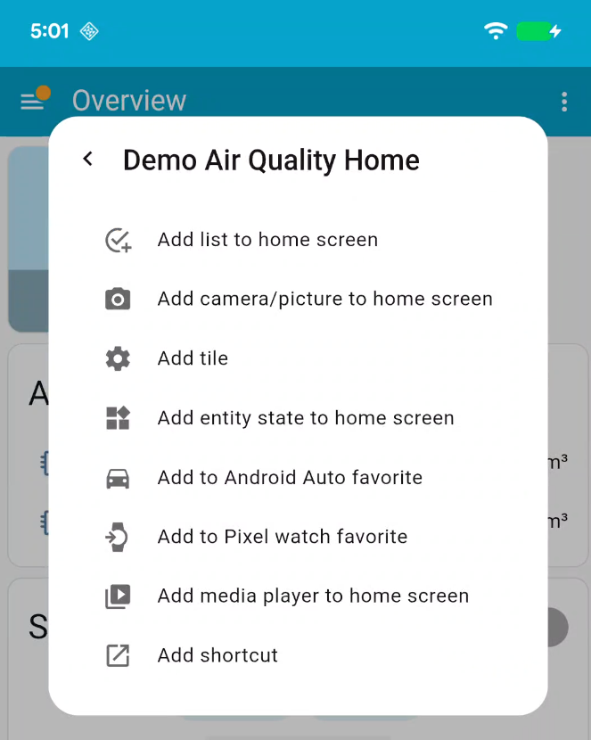 Screenshot showing the new 'Add to' option in the more info dialog for an entity in the Home Assistant Android app.
