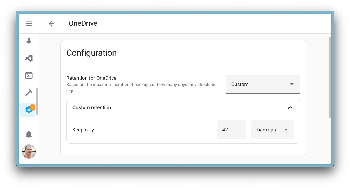 Screenshot showing the backup retention policy settings for the Microsoft OneDrive integration.