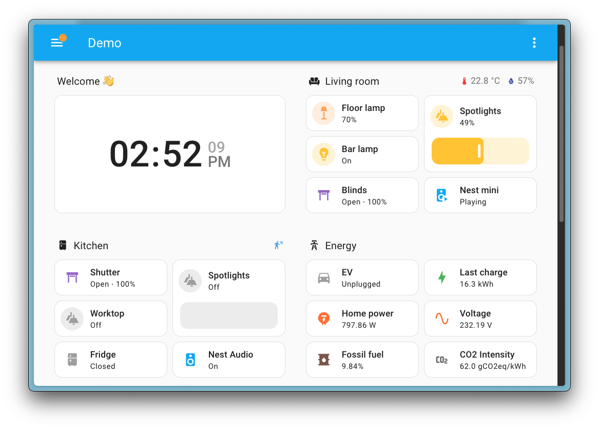 Screenshot showing a dashboard with a large clock card on it, indicating the current time