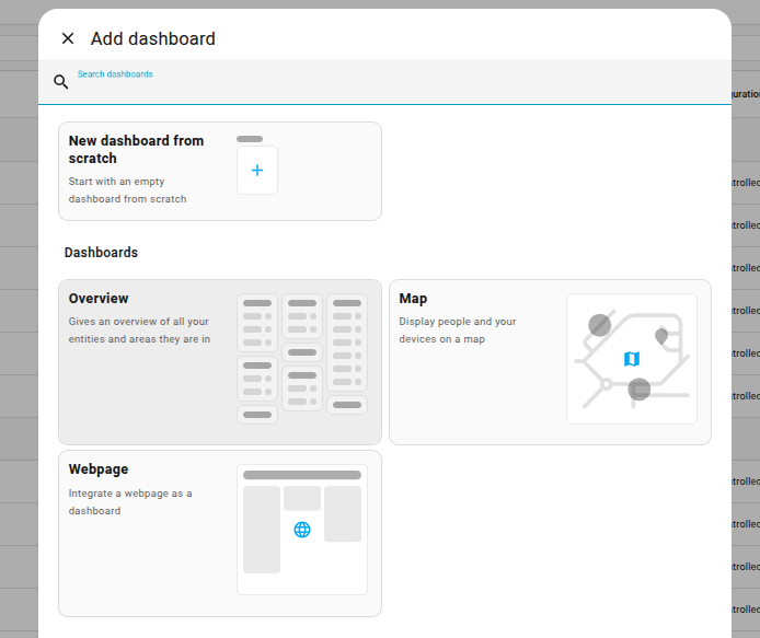 Screenshot of the Add Dashboard dialog showing dashboard options like Overview, Map, and Areas