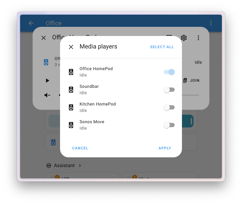 Screenshot of the media player card providing controls to group media player with the current used media player.