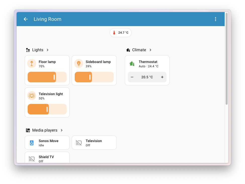 Screenshot of the new Home dashboard viewing the living room area