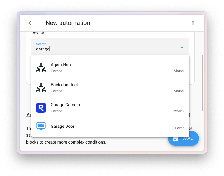 Screenshot showing the new device picker, including the area and integration that provides them.