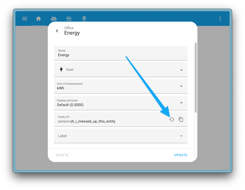 Screenshot showing the reset option of the entity ID in the entity configuration dialog.