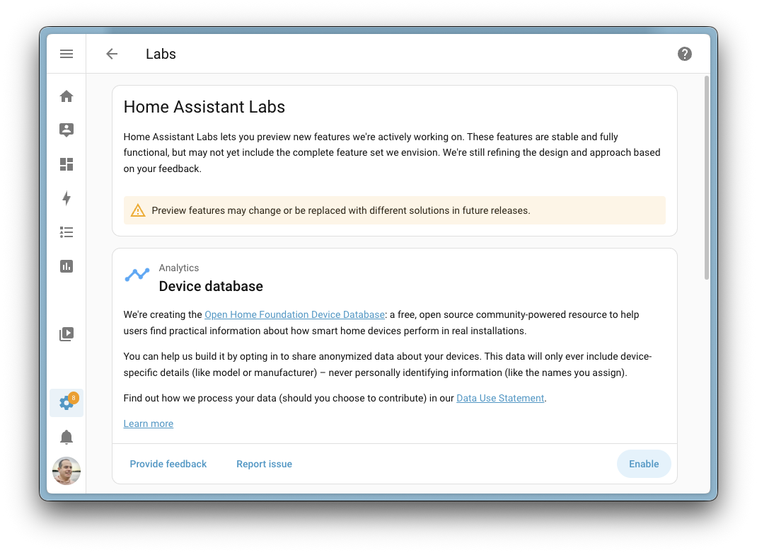 Screenshot of the device analytics sharing option in Home Assistant Analytics.
