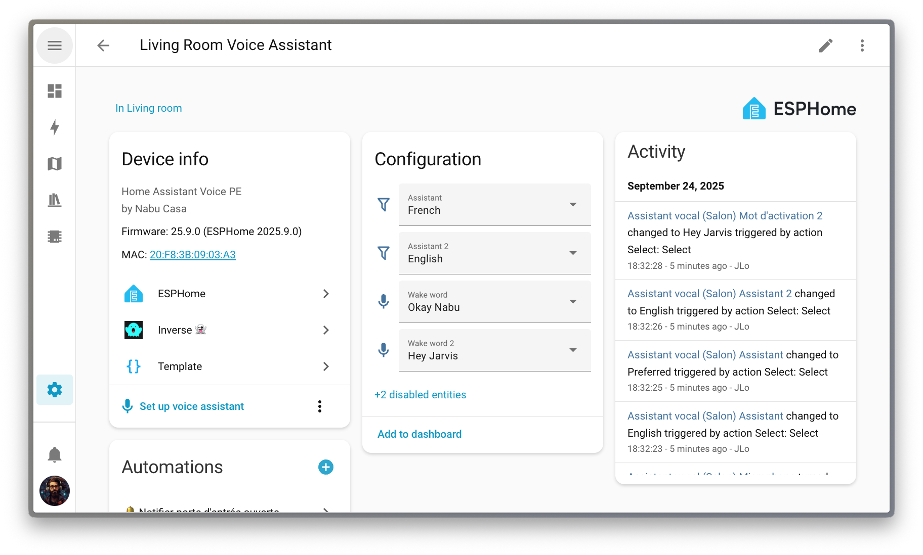 Screenshot showing the device page of a Home Assistant Voice PE, showcasing the new entities for setting the second wake word and voice pipelines associated with it.